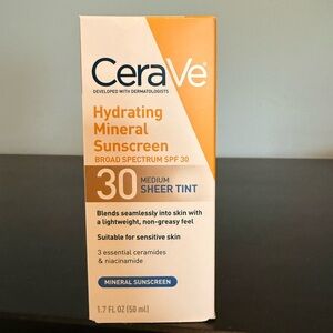 CeraVe Hydrating Mineral Sunscreen SPF 30 - Medium Sheer Tint, NEW